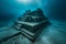 Underwater View of a Sunken Structure in the Ocean, A mysterious ancient sunken city, hidden deep underneath the ocean waves, AI