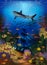 Underwater wallpaper with shark and sunken ship