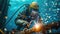 underwater welder repairs the bottom of a ship or an underwater oil platform, close up