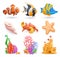 Underwater world cartoon icon set. Tropical fish, corals, sand castle, starfish, shell, crab. 3d vector plasticine art objects