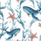 Underwater world clipart with sea animals whale, starfish, bubbles and algae. Hand drawn watercolor illustration