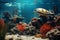 Underwater world with corals turtle fishes ocean inside. coral reef, blue tortoise, dept, lagoon aquatic world, coral