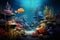 Underwater world with corals turtle fishes ocean inside. coral reef, blue tortoise, dept, lagoon aquatic world, coral