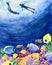 Underwater world divers coral reefs hand painted watercolor back