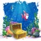 Underwater world with fish and gold chest