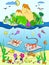 Underwater world with fish, plants, island and caravel color for children cartoon raster illustration