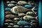 Underwater world. A flock of fishes in the ocean. Funny whimsical digital illustration