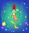Underwater world, little mermaid, fishes, plants and a pearl, vector illustration