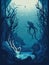 An underwater world of mysterious creatures contrasts with the captivating blues of the ocean.. AI generation