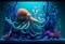 Underwater world. Octopus.coral illustration. AI generative