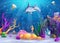 Underwater world with sea ocean animals, corals and algae, shark, whale, fish, turtle and jellyfish. Sea life Cartoon Vector