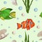 Underwater world Seamless pattern with Tropical fish, seaweed, pearl, shell. Cartoon character. Vector illustration