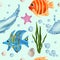 Underwater world Seamless pattern with Tropical fish, seaweed, starfish, pearl, shell, water splash. Cartoon character