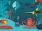 Underwater world vector illustration. Sea creatures in flat style, life at ocean bottom. Fish, octopus and eel under