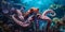 underwater worlds - octopus swims underwater through the ocean