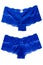 Underwear woman isolated. Collage set of a luxurious elegant blue lacy thongs panties in two views isolated. Erotic lace fashion.