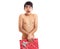 Undressed young man holding present