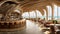 Undulating Colored Strips of Linen are Used as The Ceiling of The Restaurant Fair-Faced Concrete Bar Counter Wooden Structure