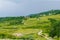 Undulating road thru green grass field hills