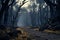 Unearthly postapocalyptic forest with trees that