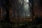 Unearthly postapocalyptic forest with trees that