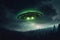 Unearthly sighting, UFO spaceship in dramatic night sky, green creature nearby