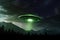 Unearthly sighting, UFO spaceship in dramatic night sky, green creature nearby