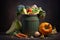 Uneaten unused spoiled vegetables thrown in the trash container. Food loss and food waste. Reducing wasted food, composting,