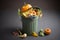 Uneaten unused spoiled vegetables thrown in the trash container. Food loss and food waste. Reducing wasted food, composting,