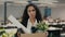 Unemployed Woman Employee Holding Box With Belongings Standing In Office