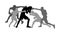 Unequal fighting vector silhouette. Alone against all, unfair hooligans fight. Angry terror. Street hitting and punching.