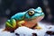 Unexpected encounter. A curious green frog ventures into the winter wonderland. AI-generated
