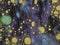 Unexploded big close-up blue purple green yellow colors abstract oil bubbles on black water, Gustav Klimt style