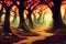 an unexplored road into a fantasy anime forest with mushrooms, ai generated image