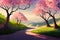 an unexplored road with pink cherry trees, illustration, ai generated image