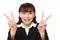 Unfashionable Asian businesswoman showing a victory sign