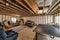 Unfinished basement interior with wooden beam and posts