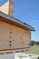 Unfinished roofing construction. A close-up of a boxed roof eave ready for soffit and fascia board installation