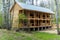 Unfinished wooden house in a birch forest