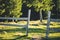 Unfocused artistic outdoor rural photography of wooden fence highland nature space with green and yellow bokeh foliage trees