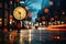 An unfocused image of an urban road at nighttime, filled with moving cars and a clock-bearing structure on the