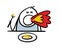 Unfortunate stickman is sitting at the table, holding fork, biting off a piece of spicy food and exhaling flames. Vector