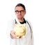 Unfriendly doctor with piggy bank