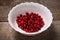 Unfrozen cranberry in the white bowl