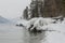 Unfrozen Lake Teletskoye in winter. Russia Altai Krai