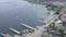 Ungraded drone aerial view of Zurich city waterfront in Switzerland