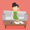 Unhappy asian woman accounting home bills.