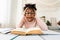 Unhappy Black Schoolgirl Looking At Camera Sitting At Books Indoor