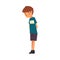 Unhappy Boy Standing with Bowed Head, Cute Sad Child in Shorts and Tshirt Vector Illustration