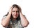 Unhappy brunette young woman holding hands on her head isolated on white background